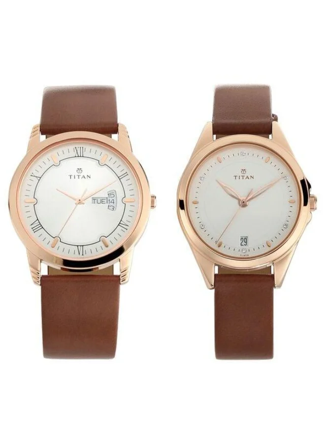 Bandhan Quartz Analog with Day & Date Silver Dial Brown Leather Strap Couple Watch - 17742565WL01