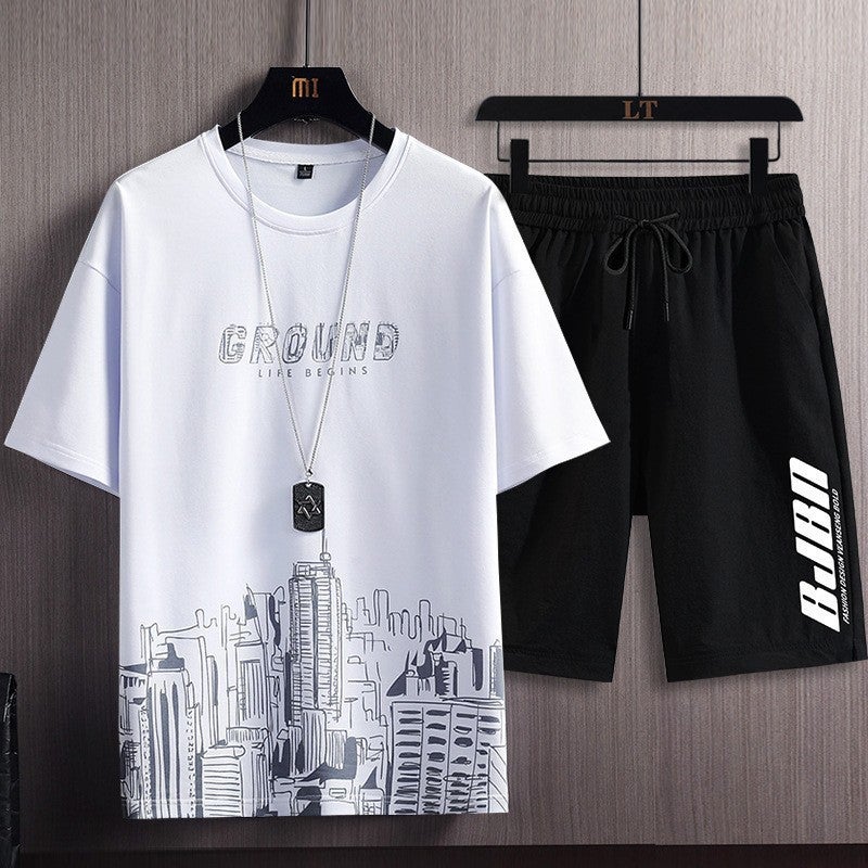 Mens Summer Short Sleeve T-Shirt Set, Snow Mountain Print, Fashionable Korean Slim Fit Sportswear city white suit 