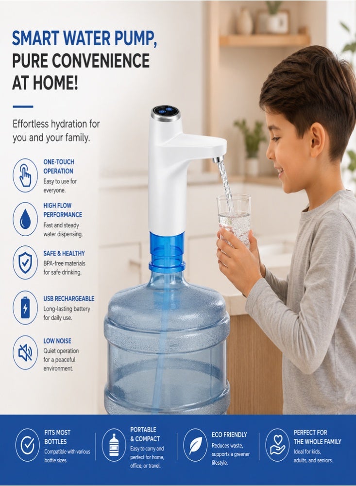 TNM Electric Water Dispenser Pump, USB Rechargeable Automatic Water Bottle Pump, One Touch Operation, Portable Drinking Water Dispenser for 5L–20L Bottles - Image 3
