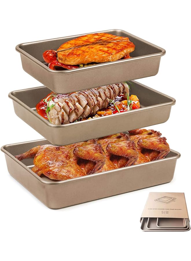 Rectangle Deep Baking Pan Set,3 PCS Aluminum Cake Pan,Non Stick Baking Sheets Baking Tray Bakeware Toaster Oven Food-Safe Nonstick Coating