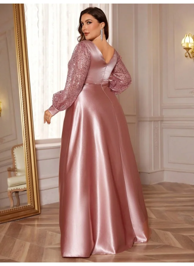 Madam Uniq New Plus Size Satin Sequin V-Neck Long Sleeve Dress Gown