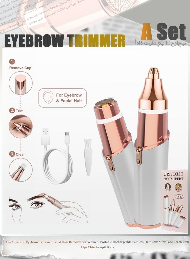 2 in 1 Electric Eyebrow Trimmer Facial Hair Remover for Women, Portable Rechargeable Painless Hair Razor, for Face Peach Fuzz Lips Chin Armpit Body - Image 1