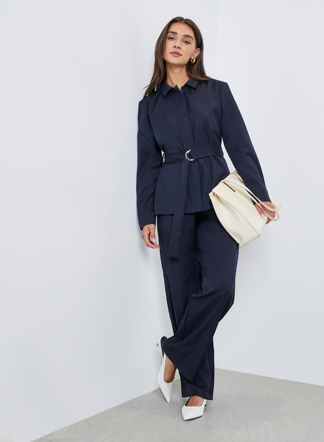 Styli Blue Belted Shirt and Wide Leg Pants Co-ords - Image 1