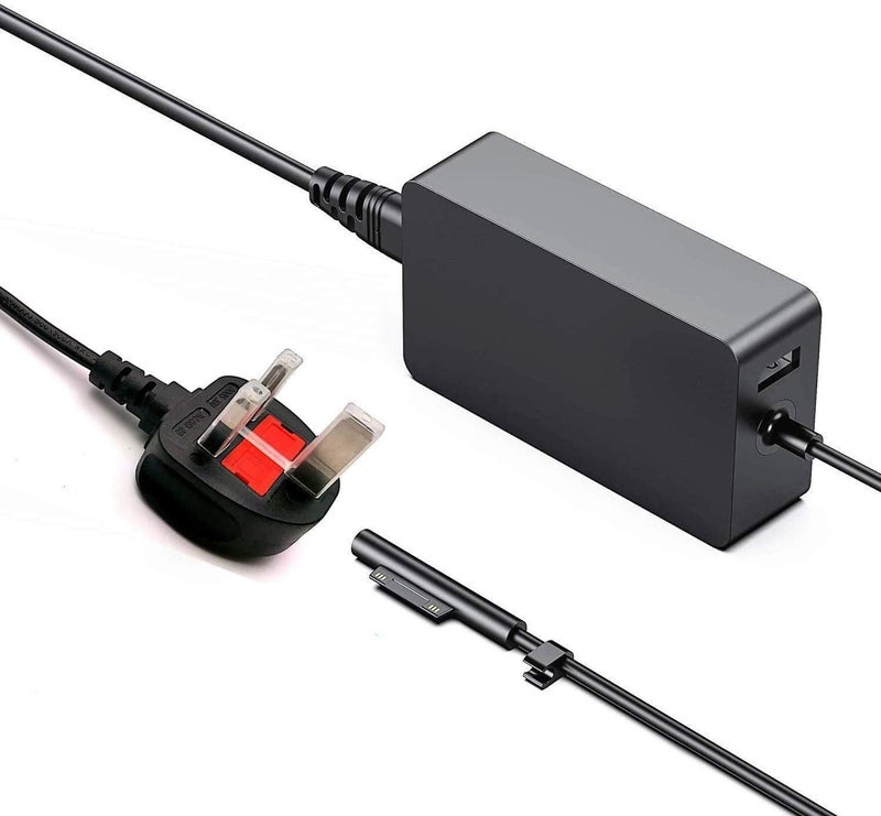 Surface Pro Charger,44W 15V 2.58A Power Supply Adapter for Microsoft Surface Pro X/3/4/5/6/7 Surface Go/Surface Laptop/Book with USB and UK Extension Power Cord