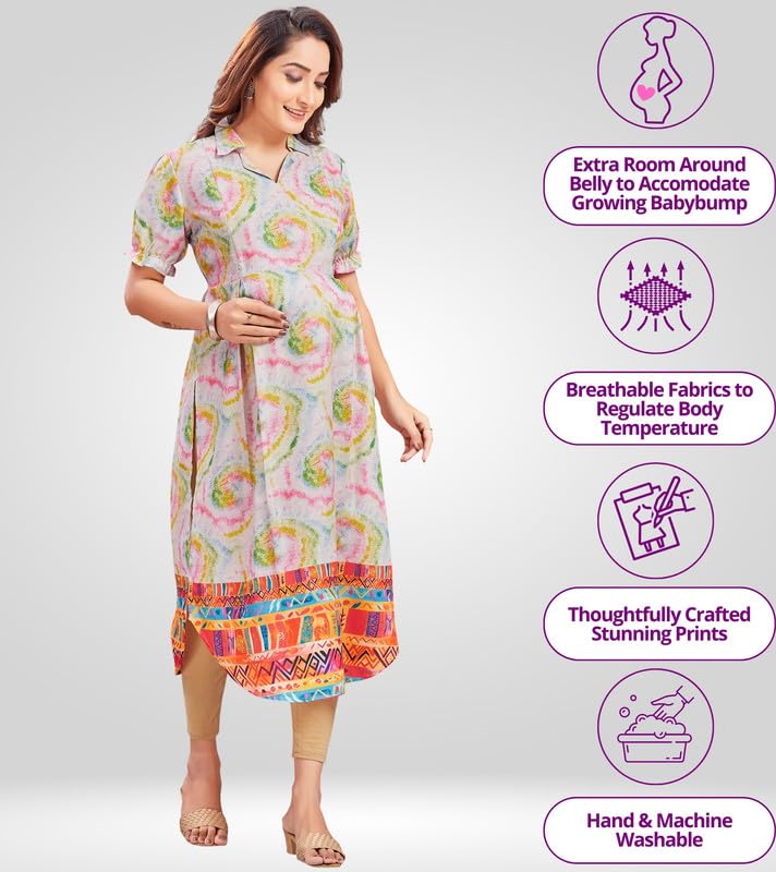 RITIJYA Feeding Kurtis for Women with Zip | Straight Maternity Pregnancy Dress for Nursing Mothers | Viscose Rayon | Maternity Wear Feeding Dress Tops (9241_42R,Playful Creame) - Image 3