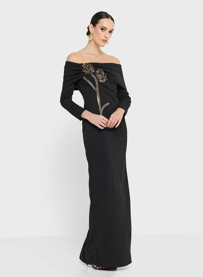 Namshi x One Shoulder Dress With Embellished Floral