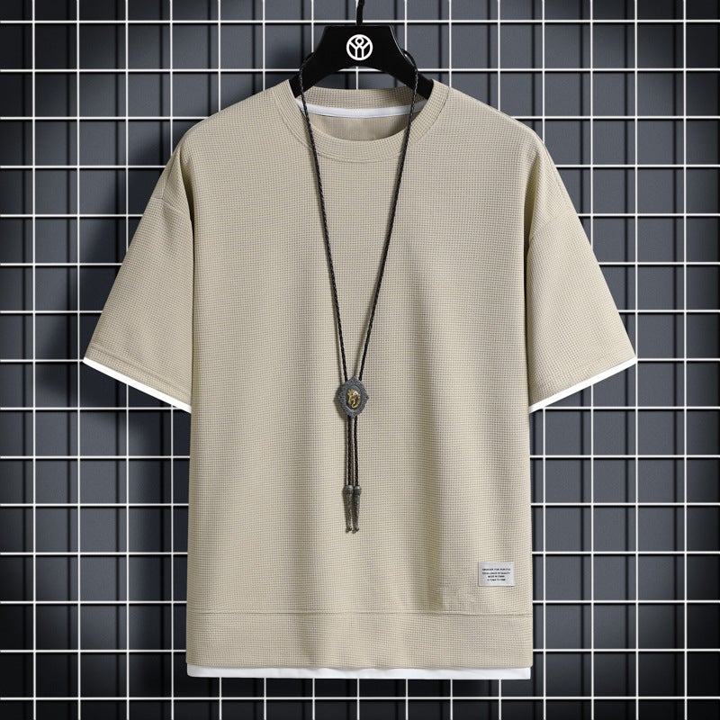 Summer waffle T-shirt mens fake two-piece loose half-sleeve T-shirt ice silk thin round neck short-sleeve T-shirt jacket thin H2103 Curry 