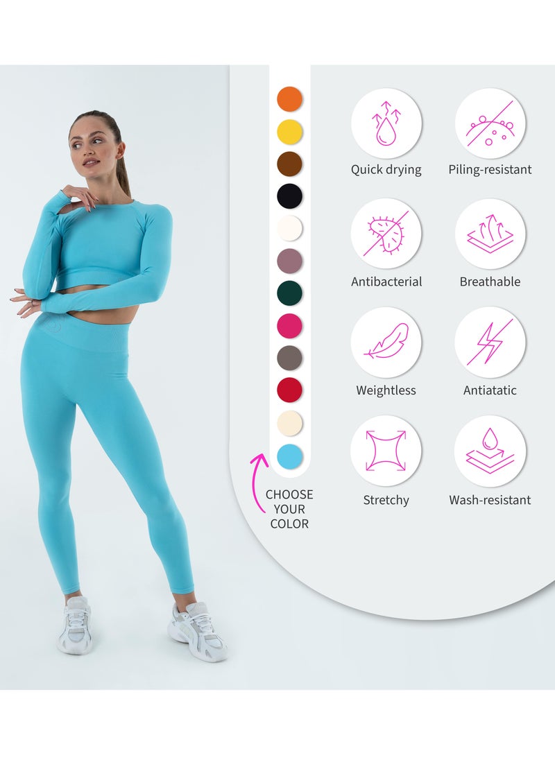 Bernessi Turkiye Nylon Long Sleeve Crop Top with Round Neck Women's Cropped T Shirt for Workout Yoga Running Exercise Textured Light Blue  - Image 5