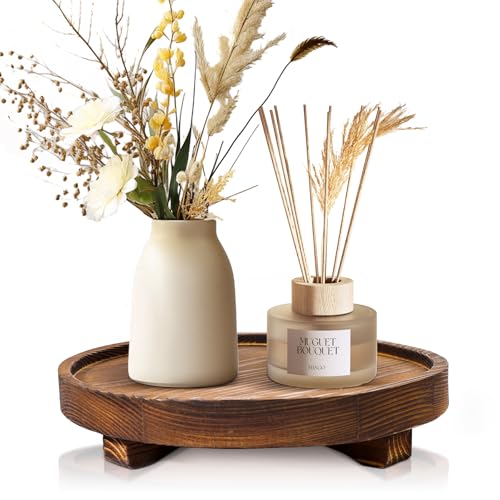 DEBETOOL Round Wooden Decorative Tray - Rustic Wood Soap Tray for Kitchen and Bathroom Counter Organizer, Farmhouse Kitchen Decor Wooden Riser for Soap Dish, Perfume, Candle, Potted - Image 1