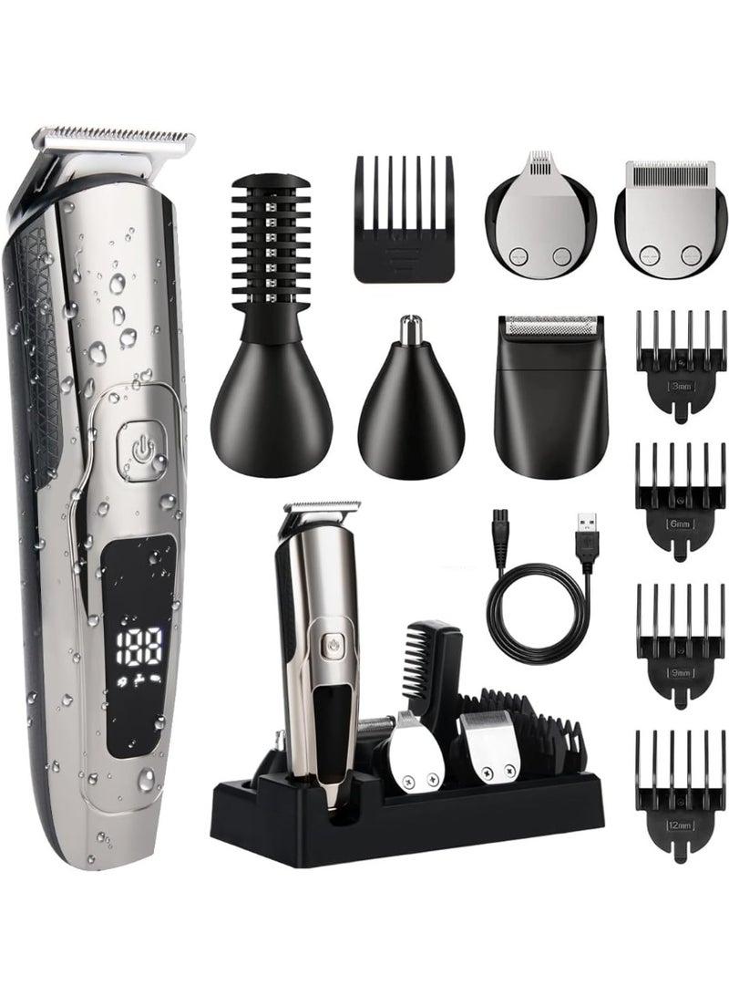 This cordless 6-in-1 men's electric hair clipper set includes a hair clipper, beard trimmer, nose hair trimmer, and mesh trimmer with blades. It is waterproof, USB rechargeable, and features an LED display. - Image 1