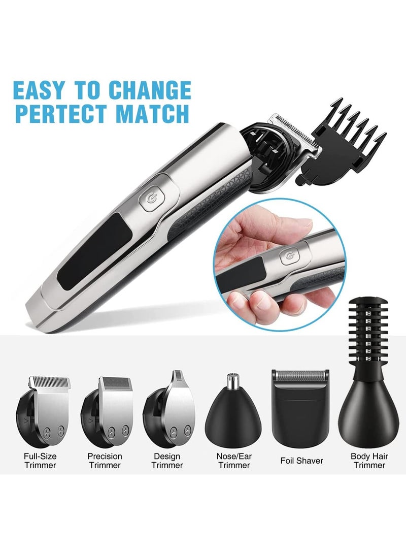 This cordless 6-in-1 men's electric hair clipper set includes a hair clipper, beard trimmer, nose hair trimmer, and mesh trimmer with blades. It is waterproof, USB rechargeable, and features an LED display. - Image 5