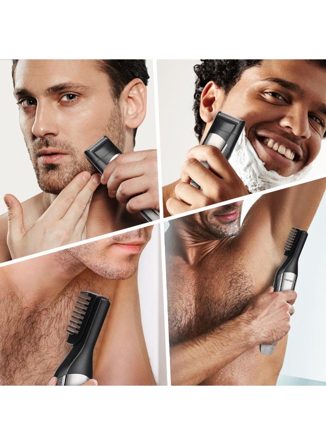 This cordless 6-in-1 men's electric hair clipper set includes a hair clipper, beard trimmer, nose hair trimmer, and mesh trimmer with blades. It is waterproof, USB rechargeable, and features an LED display. - Image 3