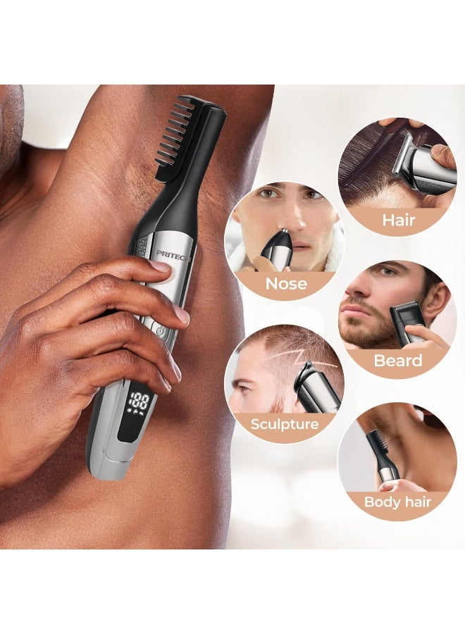 This cordless 6-in-1 men's electric hair clipper set includes a hair clipper, beard trimmer, nose hair trimmer, and mesh trimmer with blades. It is waterproof, USB rechargeable, and features an LED display. - Image 4