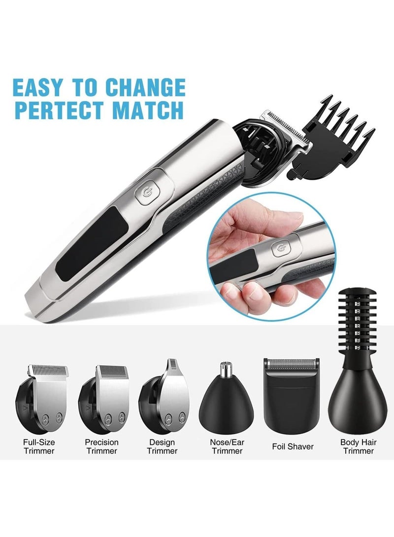 Cordless 6-in-1 Men’s Grooming Kit with Hair Clipper, Beard Trimmer, Nose & Ear Trimmer, Body Trimmer and Foil Shaver, USB Rechargeable, LED Display - Image 5