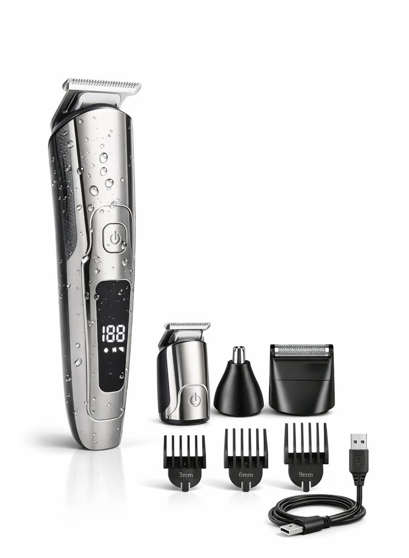 Cordless 6-in-1 Men’s Grooming Kit with Hair Clipper, Beard Trimmer, Nose Trimmer & Foil Shaver, USB Rechargeable, LED Display - Image 1