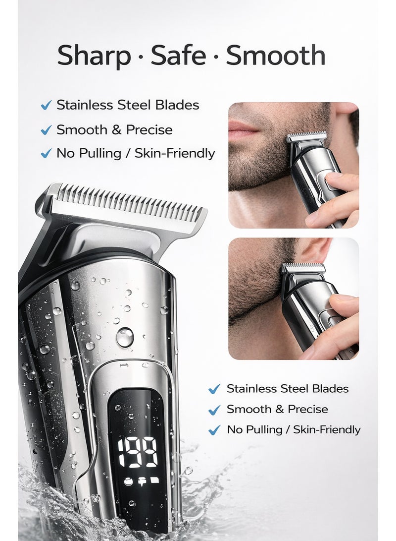 Cordless 6-in-1 Men’s Grooming Kit with Hair Clipper, Beard Trimmer, Nose Trimmer & Foil Shaver, USB Rechargeable, LED Display - Image 4