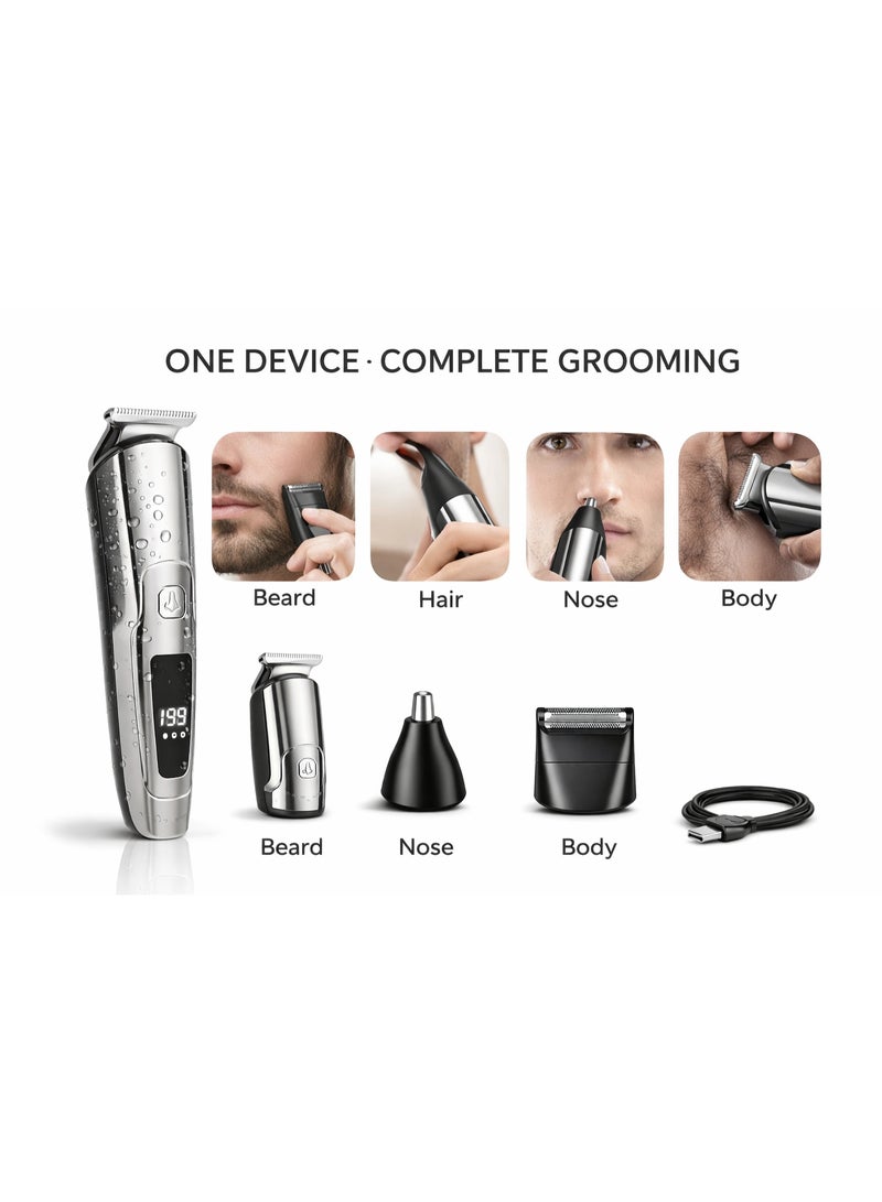 Cordless 6-in-1 Men’s Grooming Kit with Hair Clipper, Beard Trimmer, Nose Trimmer & Foil Shaver, USB Rechargeable, LED Display - Image 2