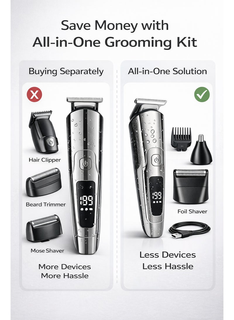 Cordless 6-in-1 Men’s Grooming Kit with Hair Clipper, Beard Trimmer, Nose Trimmer & Foil Shaver, USB Rechargeable, LED Display - Image 5