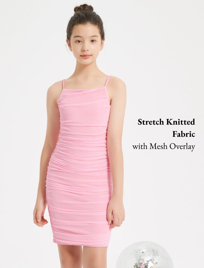 EXARUS Girls Formal School Dance Bodycon Dress Party Dance Tight Ruched Mesh Spaghetti Strap Short Special Occasion Dresses Pink 12 Years - Image 3