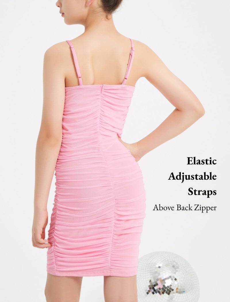 EXARUS Girls Formal School Dance Bodycon Dress Party Dance Tight Ruched Mesh Spaghetti Strap Short Special Occasion Dresses Pink 12 Years - Image 5