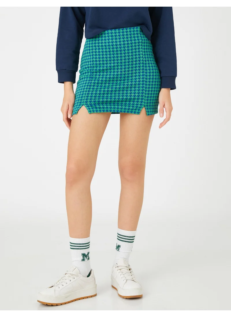 KOTON Mini Skirt with Side Slit Detail and Houndstooth Pattern