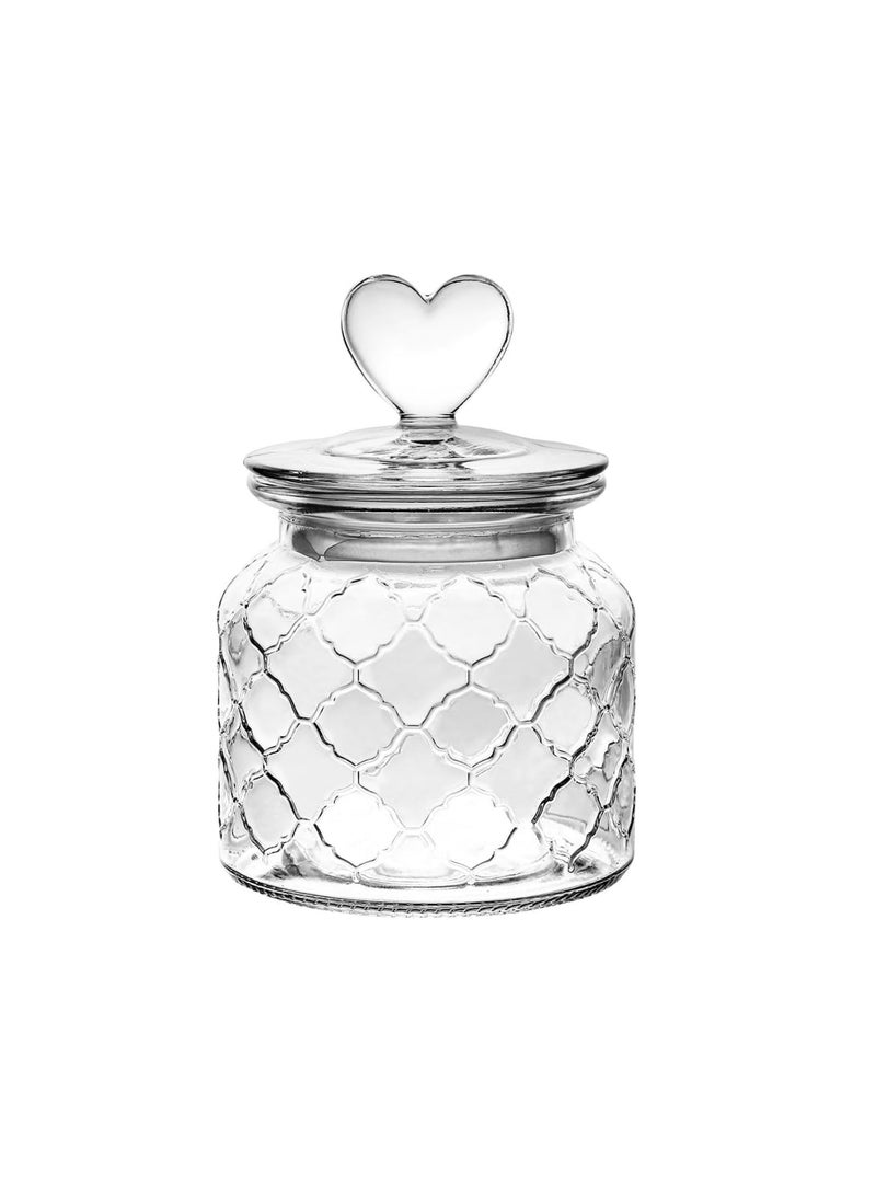 SYOSI Cheerful Candy Storage Jar, Clear Glass Airtight Jar with Heart‑Shaped Lid & Grid Texture Decorative Candy and Cookie Canister 22 oz for Home Kitchen & Party Use (Clear) - Image 1