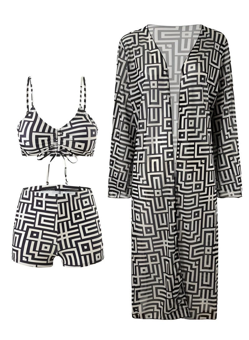 شارلي طقم سباحة نسائي من ثلاث قطع - بيكيني هندسي أسود وأبيض فاتح مع بلوزة برباط، وشورت عالي الخصر، وغطاء كيمونو خفيف | ملابس سباحة أنيقة للشاطئ وحمامات السباحة والعطلات | ملابس سباحة صيفية عصرية للنساء لعام ٢٠٢٥ - مقاس M | الكمية محدودة - Image 5