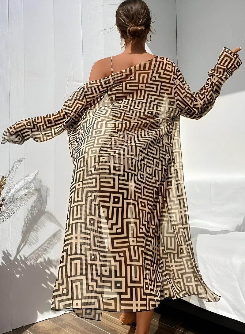 شارلي طقم سباحة نسائي من ثلاث قطع - بيكيني هندسي أسود وأبيض فاتح مع بلوزة برباط، وشورت عالي الخصر، وغطاء كيمونو خفيف | ملابس سباحة أنيقة للشاطئ وحمامات السباحة والعطلات | ملابس سباحة صيفية عصرية للنساء لعام ٢٠٢٥ - مقاس M | الكمية محدودة - Image 4