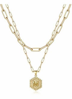 Gold Dainty Layered Initial Necklaces for Women 14K Gold Plated Paperclip Chain Necklace Simple Cute Hexagon Letter Pendant Initial Choker Necklace Gold Layered Necklaces