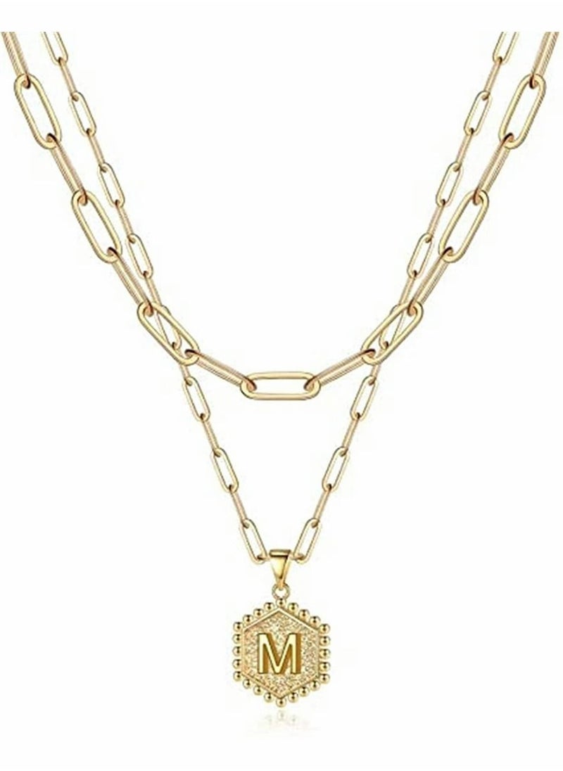 SYOSI - Gold Dainty Layered Initial Necklaces for Women 14K Gold Plated Paperclip Chain Necklace Simple Cute Hexagon Letter Pendant Initial Choker Necklace Gold Layered Necklaces - Image 1