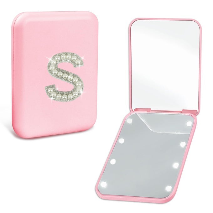 TRAVEL ESSENTIALS ACCESSORIES PERSONALIZED LED POCKET MIRROR PEARL LETTER 1X2X MAGNIFICATION SMALL TRAVEL MAKEUP MIRROR WITH LIGHTS PINK FOLDING COMPACT MIRROR FOR WOMEN TEEN GIRL S