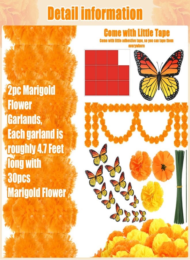 XunYee 56 Pieces Day of The Dead Decorations Include 30 Pcs Artificial Marigold Flowers with Stems 24 Pcs Monarch Butterfly 2pcs Marigold Head Garland for Dia De Los Muertos Halloween Diwali Decor - Image 4