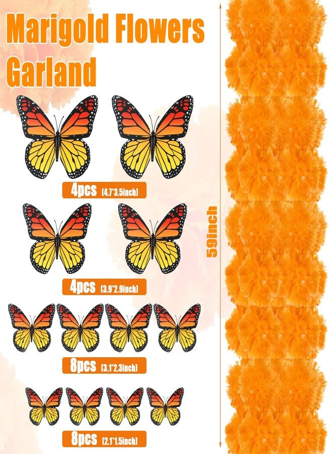 XunYee 56 Pieces Day of The Dead Decorations Include 30 Pcs Artificial Marigold Flowers with Stems 24 Pcs Monarch Butterfly 2pcs Marigold Head Garland for Dia De Los Muertos Halloween Diwali Decor - Image 3