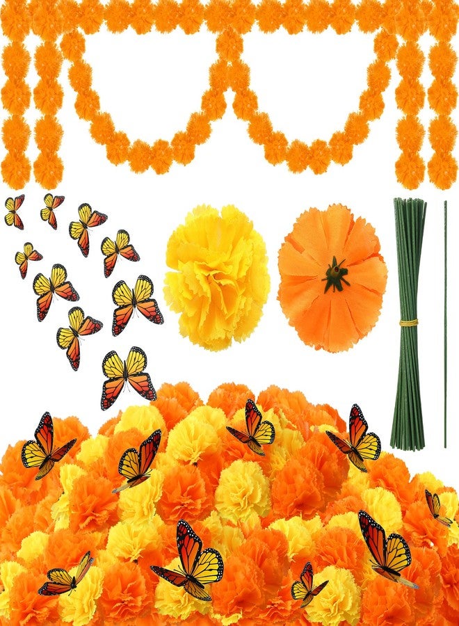 XunYee 56 Pieces Day of The Dead Decorations Include 30 Pcs Artificial Marigold Flowers with Stems 24 Pcs Monarch Butterfly 2pcs Marigold Head Garland for Dia De Los Muertos Halloween Diwali Decor - Image 1
