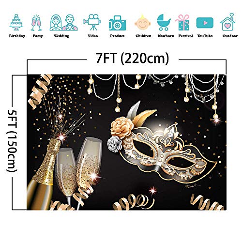 Qian Masquerade Party Backdrops Retro Gold Black Mask Carnival Birthday Photography Backdrop 7x5ft Vinyl Fiesta Dance Photo Background Champagne Glass Photo Booths Props Decorations - Image 4