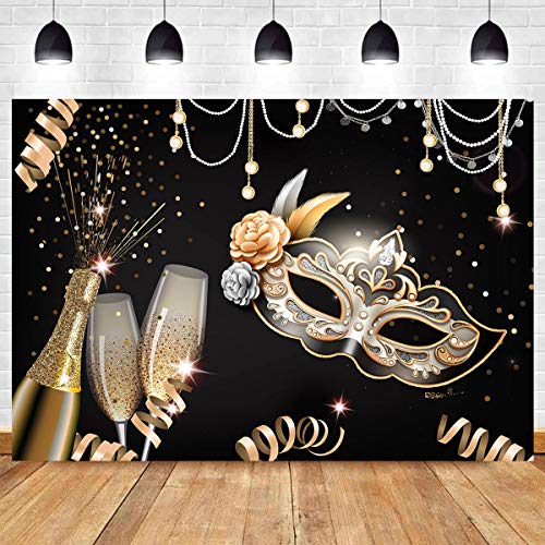 Qian Masquerade Party Backdrops Retro Gold Black Mask Carnival Birthday Photography Backdrop 7x5ft Vinyl Fiesta Dance Photo Background Champagne Glass Photo Booths Props Decorations - Image 2