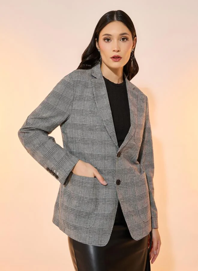 تايك تو Checked Notch Lapel Longline Blazer with Pockets