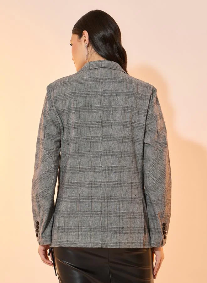 تايك تو Checked Notch Lapel Longline Blazer with Pockets