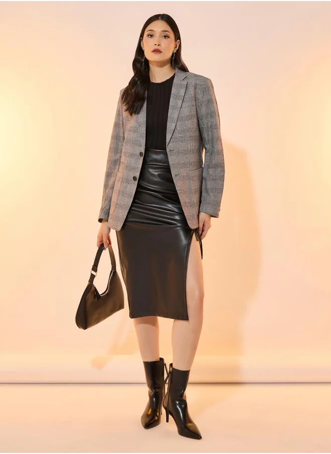 ستايلي Checked Notch Lapel Longline Blazer with Pockets