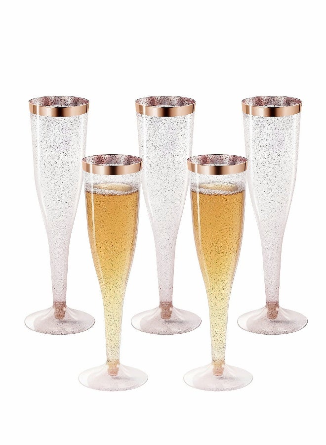 Plastic Drink Flutes Disposable, Gold Rim Gold Glitter Plastic Drink Flutes Disposable for Parties Clear Plastic Cups, drinks Glasses, Wedding and Shower Party Supplies 12 PCS (Rose Gold)  - Image 1