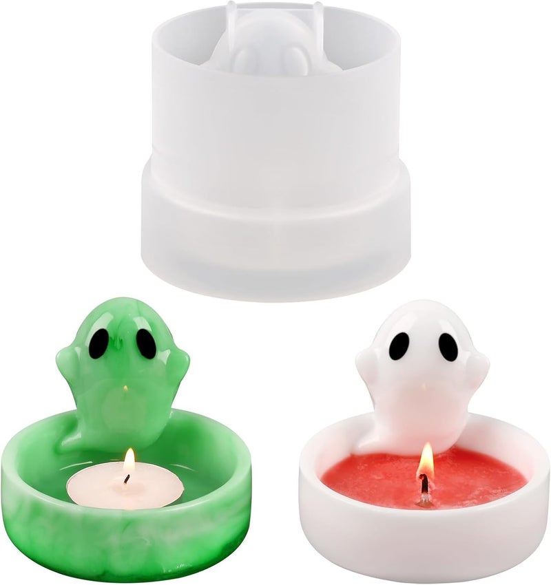 FirstTry Candle Holder Resin Mold I 3D Cartoon Ghost Shape Tealight Epoxy Deep Casting Silicone Mould I for DIY Art Craft Candlestick Jewelry Storage Box Trinket Container Home Decoration - 1 Pcs - Image 1