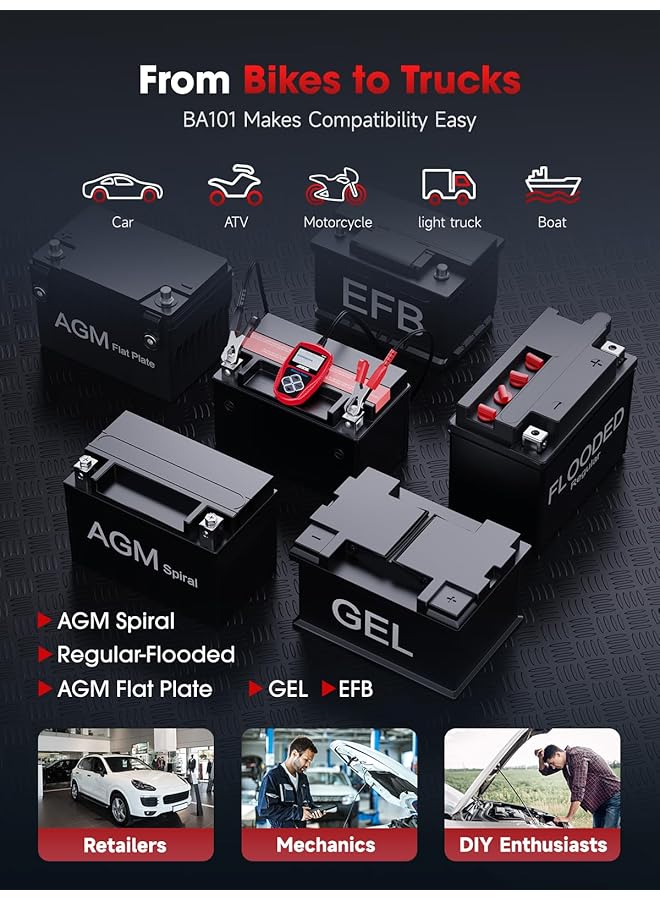 Ancel Ba101 Car Battery Tester 12V - Digital Automotive Batteries & Alternator Diagnostic Tool, 100-2000 Cca Load Capacity, Charging & Cranking Analysis For Motorcycle, Truck, Boat, Rv, Marine & More - Image 5