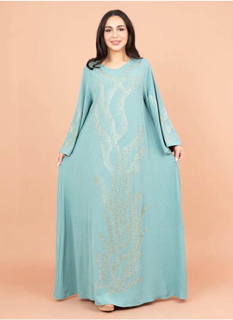 IKKXA Shimmering Crystal Jalabiya with Patterned Crystal Detailing