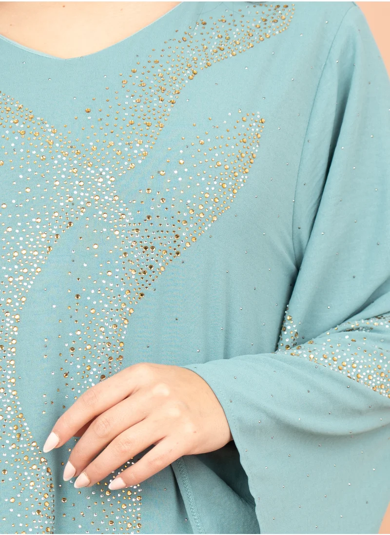 IKKXA Shimmering Crystal Jalabiya with Patterned Crystal Detailing