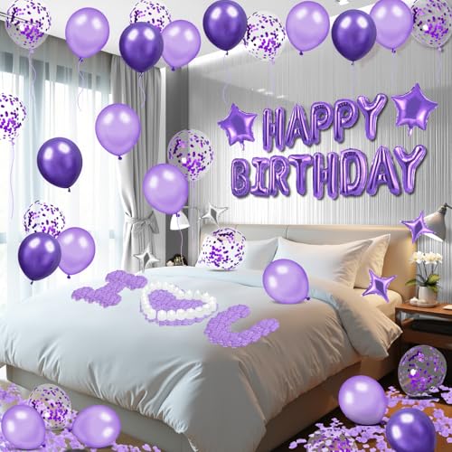 Peconal Purple Happy Birthday Balloons Decorations Purple Lavender Birthday Balloon Letters Banner with 6 Pcs Star Balloons Artificial Rose Petals 24 Flameless LED Candles for Room Hotel Party Decorations - Image 1