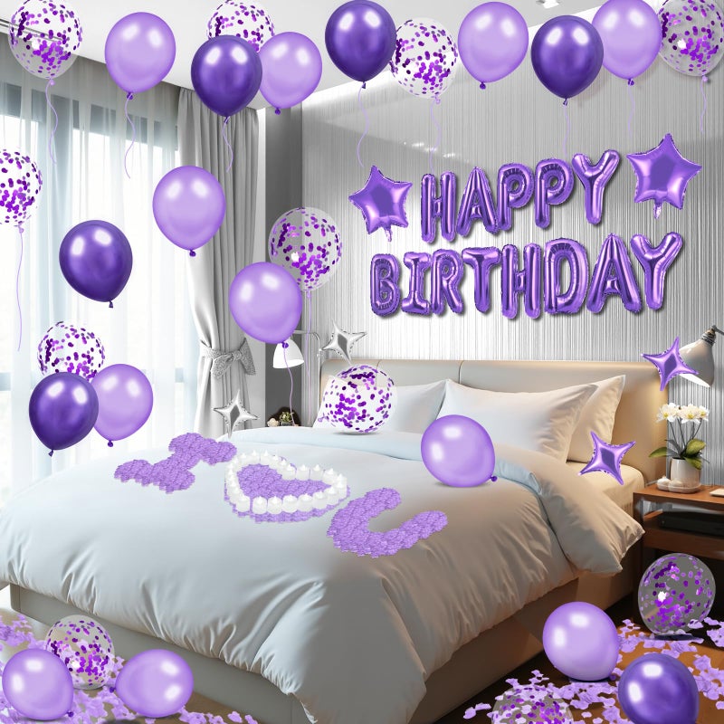 Peconal Purple Happy Birthday Balloons Decorations Purple Lavender Birthday Balloon Letters Banner with 6 Pcs Star Balloons Artificial Rose Petals 24 Flameless LED Candles for Room Hotel Party Decorations - Image 3