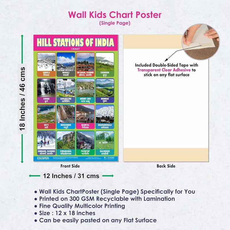 ESCAPER رسوم تعليمية من هيل ستيشن (11.5 × 17.5 بوصة)، ورق 300 جرام، مغلفة، ذات لاصق ذاتي، ملصقات تعليمية للأطفال، مثالية للتعليم المنزلي، طلاب الحضانة - Image 3