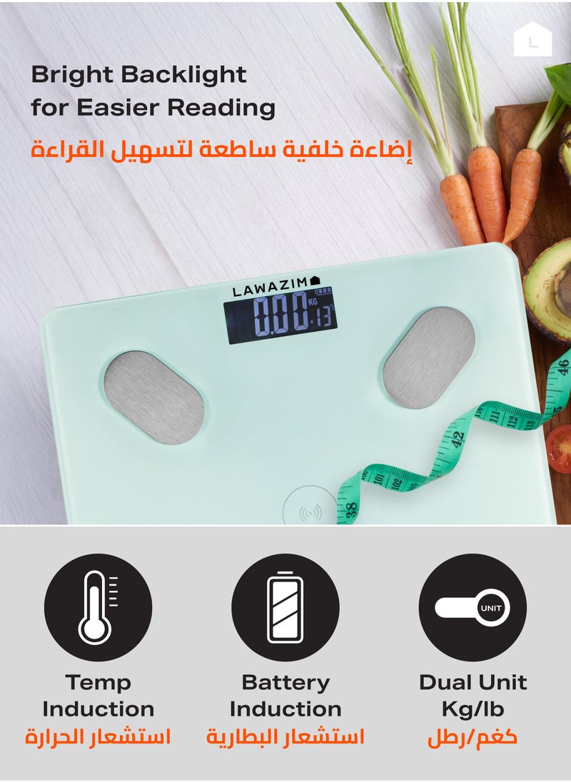 لوازم - ميزان جسم رقمي مع بلوتوث أبيض - منصة من الزجاج المقوى ذكية عالية الدقة مع عمر بطارية طويل الأمد - مثالي لتتبع الصحة ومراقبة اللياقة البدنية وإدارة الوزن - Image 1