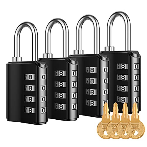 KeeKit Combination Lock, Resettable 4 Digit Combination Padlock with Keys, Waterproof Gate Lock for Locker, Fence, Case, Gym, School and Employee Locker, Toolbox – 4 Pack, Black - Image 1