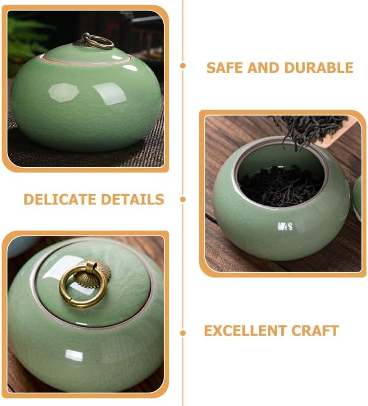 PRETYZOOM Ceramic Storage Jar Tea Canister 250ml Vintage Glaze Food Canisters with Lid Porcelain Candy Jar Airtight Condiment Pot for Loose Tea Coffee Spice Nuts Snack Green - Image 4